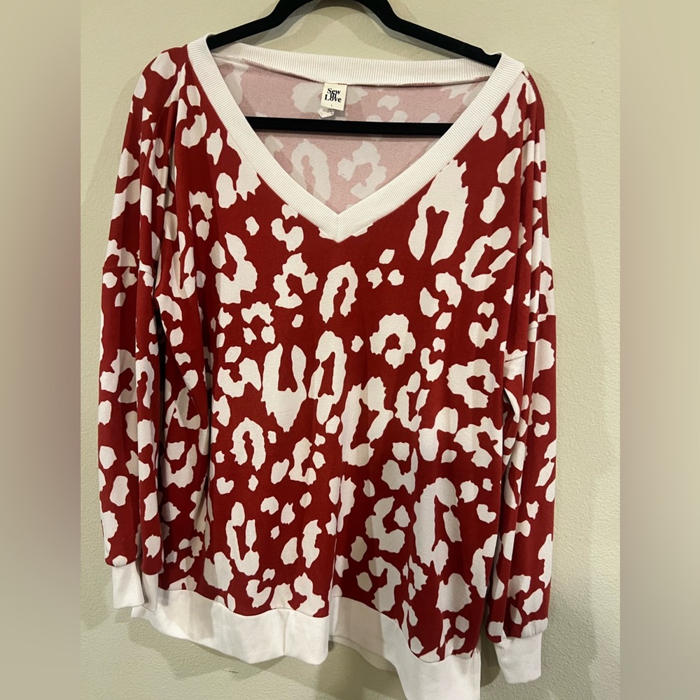 Woman’s Large Sew In Love Red and White V-neck shirt